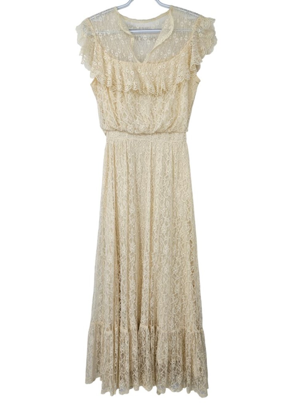 GUNNE SAX Vintage Cream Lace Ruffle Maxi Dress Women's Size 9 Cottagecore Prarie